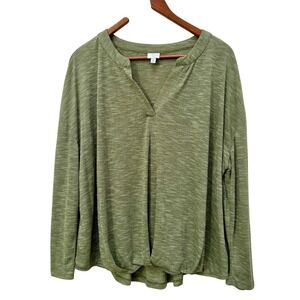 New Directions Curvy Green Heathered Knit V-Neck Long Sleeve Twist‎ Front Top 1X
